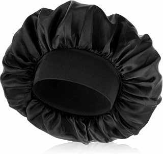 Gorro para hombre, de satén de seda, de una sola capa, banda elástica, banda elástica, ancha, suave, ajustable, gorro de seda grande para mujer, cabello rizado, color negro