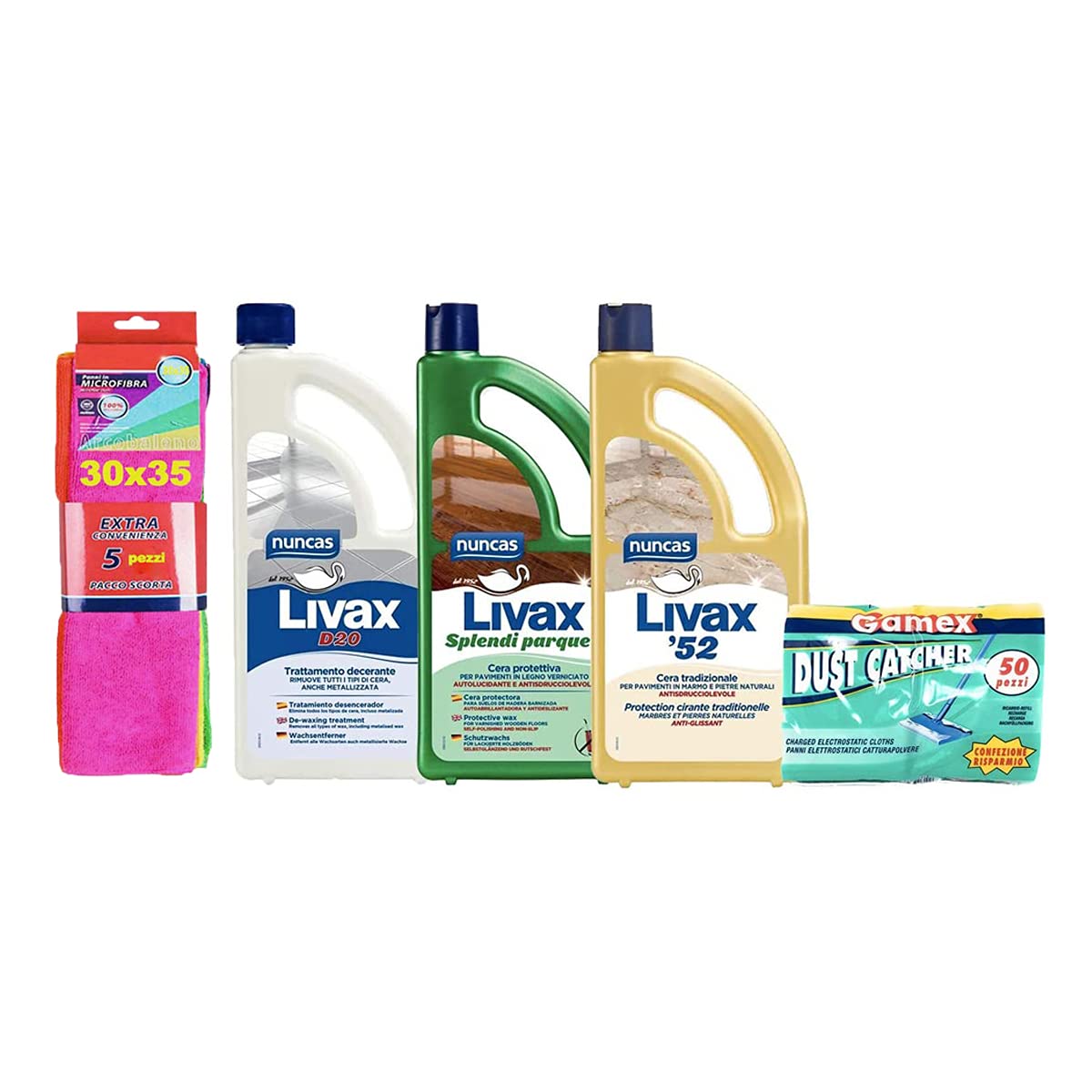 NUNCAS SET PULIZIA PAVIMENTI : LIVA 52 + LIVAX D20 + LIVAX SPLENDI PARQUET + GAMEX CONFEZIONE 50 PANNI ELETTROSTATICI CATTURAPOLVERE + 5 panni in mcrofibra