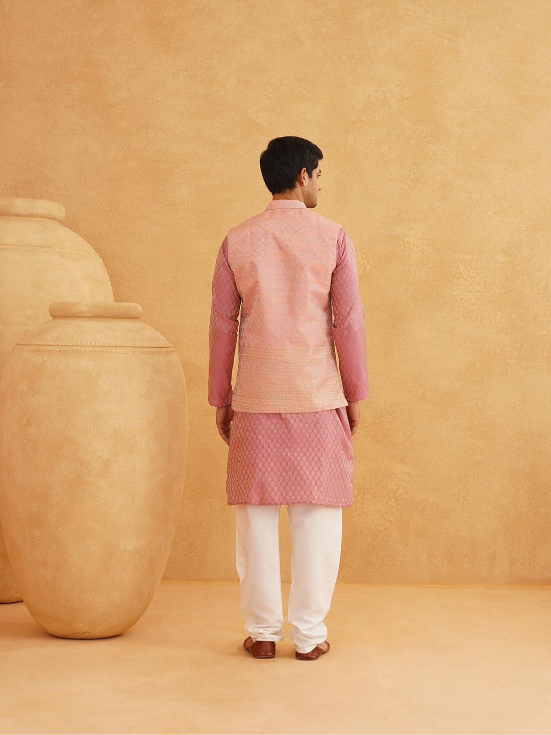 Sojanya (Since 1958 Men'S Pink Woven Design Silk Blend Kurta With Pyjama & Pink Nehru Jacket - Image 4