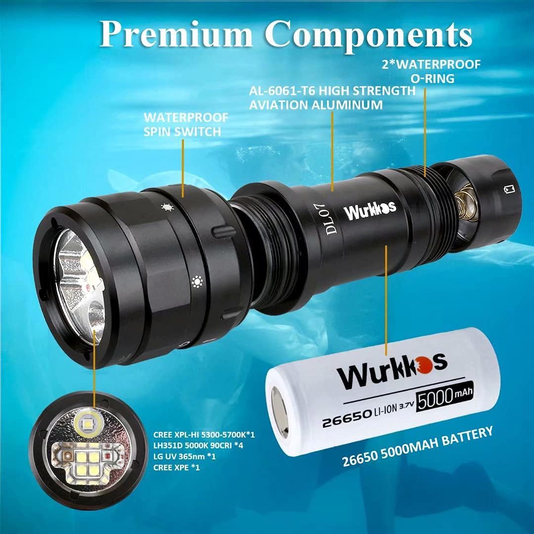 Wurkkos DL07 Diving Flashlight,3000LM 90CRI Dive Light 100M Underwater Video Light Dimmable Diving Light Rechargeable Rotary Switch Diving Light 26650 Submarine Light with UV Red Lights : Sports & Outdoors