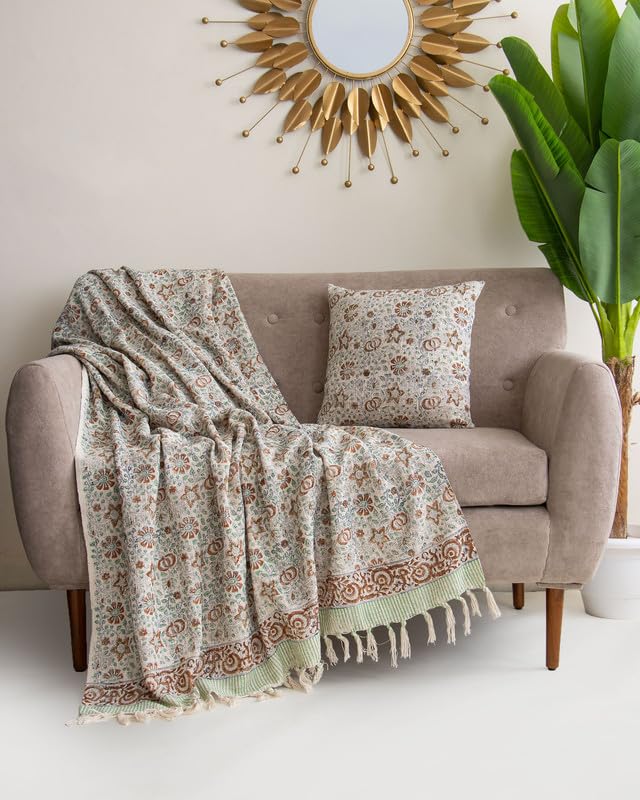 Image of Boho Floral Heritage Print Sofa Throw (50x70 Inches) with 2 Pcs Cushion Cover(16x16 Inch) Soft Lightweight Thrower for Couch, Living Room & Bed (Pack of 3)
