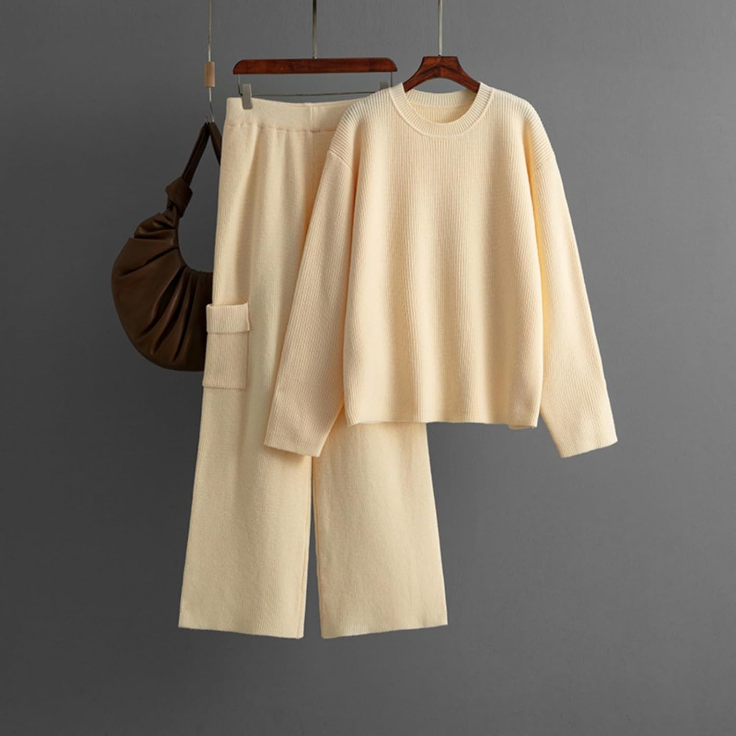 Womens 2 Piece Fall Knit Sweater Set Long Sleeve Pullover Tops Wide Leg Pocket Pants Loungewear Outfit Winter Clothing