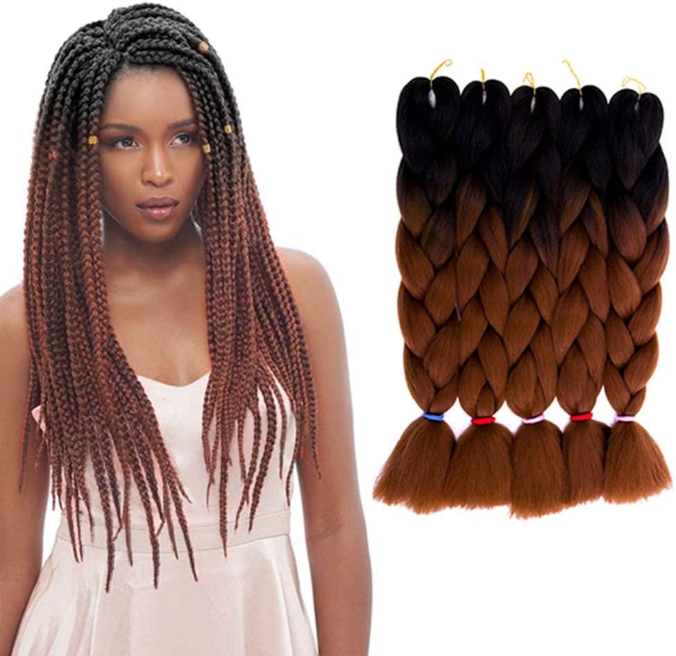 CHARMARTIST 5 PCS/Lot Jumbo Braids Hair Extensions Omber Color Black/Dark Brown Color 24 Inches 100g/pc Kanekalon Fiber for Twist Braiding Hair(5pcs,Black/Dark Brown)