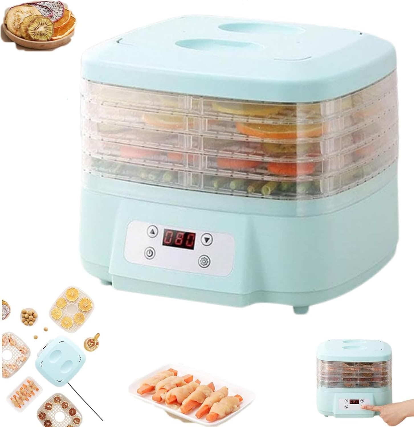 Generic Dehydrator, 6-Tray Food Dehydrator Machine, Blue, Rectangular, Plastic, Freeze Dryer for Home, Fruits, Veggies, Meats & Dog Treats, 360 Airflow, 24 Hour Timer
