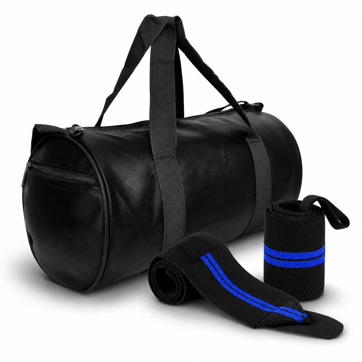 PU Leather Gym Duffel Bag with Shoulder Strap and Grey Wrist Support Band, Combo Pack of 2, for Men and Women (23L) (Black and Blue)-picture-13
