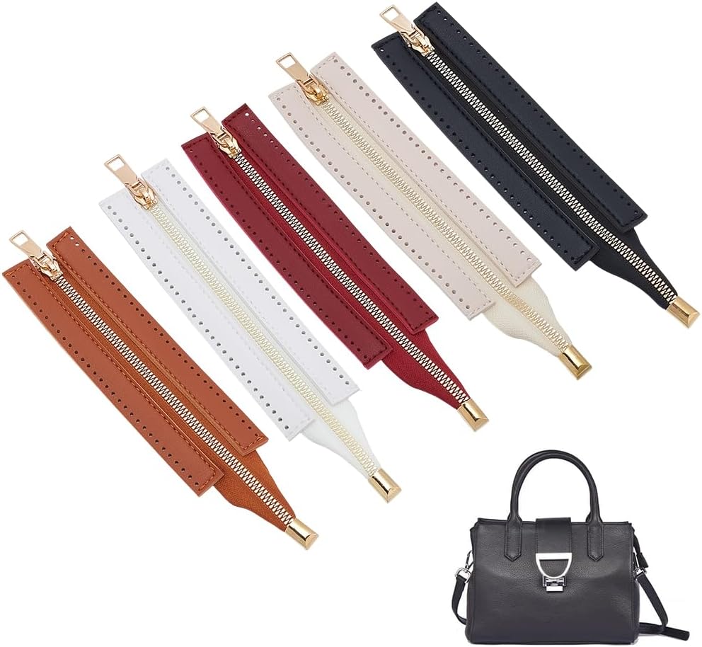 5Pcs 5 Colors Pu Leather Sewing Crochet Zipper Frame Close End Handmade Bag Black Faux Zippers with Holes Handbag Bulk Kit Fastener for Crochet Purse DIY Craft Tote Wallets Jeans Accessory