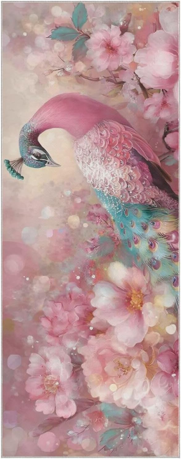 Peacock Florals Yoga Mat Towel with Silicone Grip Dot – 73"x27" Non-Slip Sweat Absorbent Microfiber Yoga Towel for Home Gym Studio