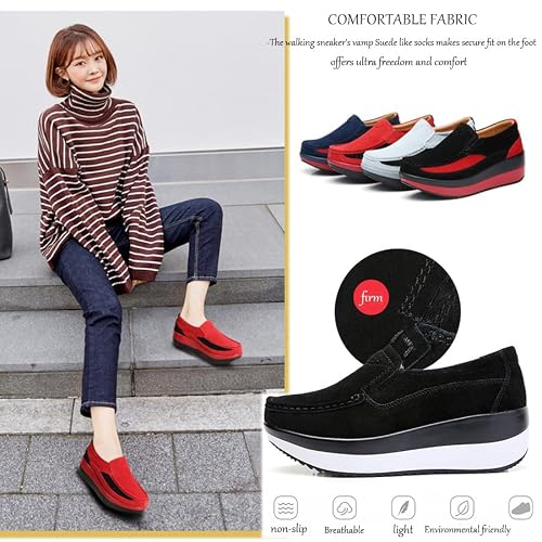 Crazysavage Women's Toning Rocker Walking Shoes Platform Suede Sneakers Slip On With Wedge Orthotic Insole Pain Relief Arch Support That (Black C,5.5,Women,5.5) #TOP2