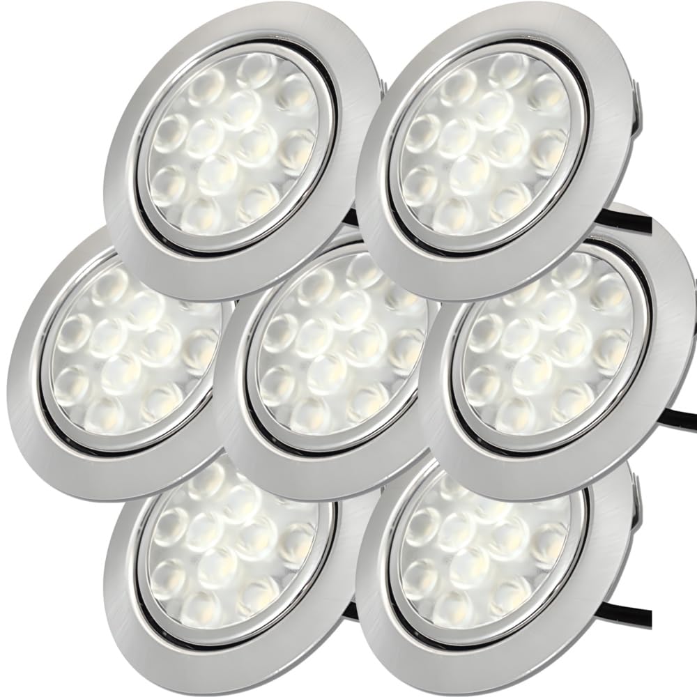 Rolux 7 Stück LED Möbelleuchten Einbaustrahler Edelstahl Gebürstet flach 3W warmweiß 3200K 200lm 12V Möbeleinbauleuchte für das Wohnzimmer, Küche und Bad. Lochausschnitt 55-60 mm. D = 65 mm