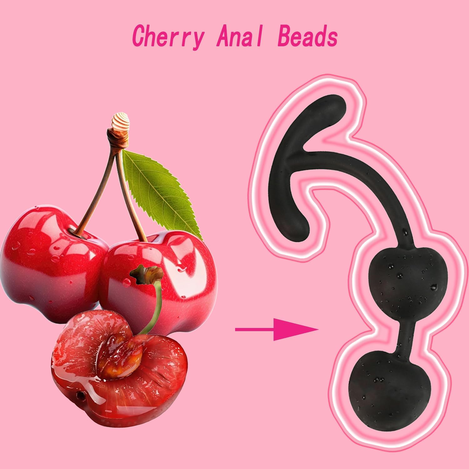 Anal Beads Built-in 2 Roller Ball Cherry Butt Plug with Long Handle