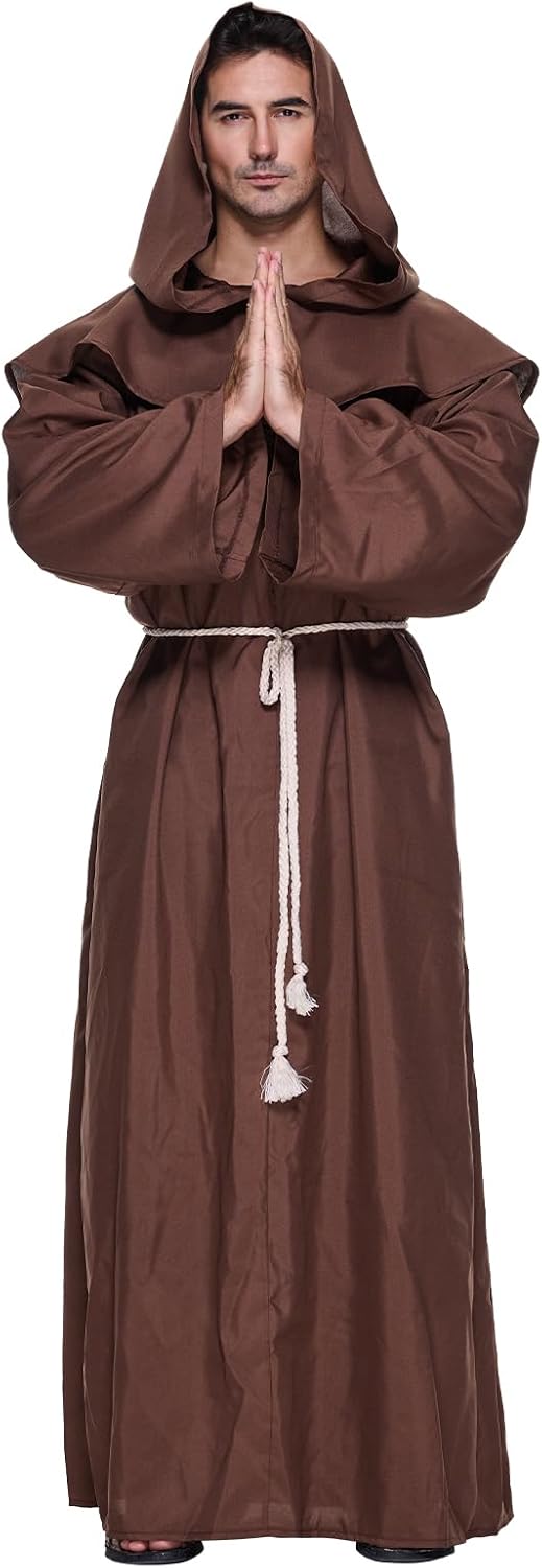 EraSpooky Adult Men Friar Medieval Hooded Robe Monk Renaissance Priest Costume