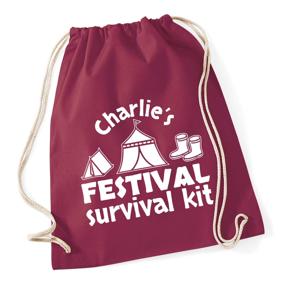 Hippowarehouse PERSONALISED Festival Survival Kit Drawstring Cotton School Gym Bag 37cm x 46cm, 12 litres