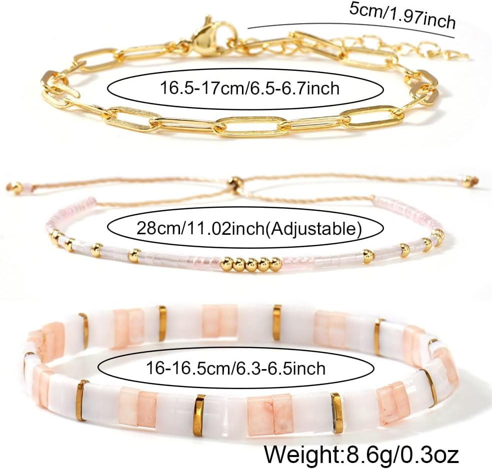 3PCS/Set Tila Flat Beaded Gold Paperclip Chain Bracelets Stack for Women,Handmade Boho Beige Small Beads Stackable Bracelets Set Fashion Jewelry Accessories Friendship - Image 4