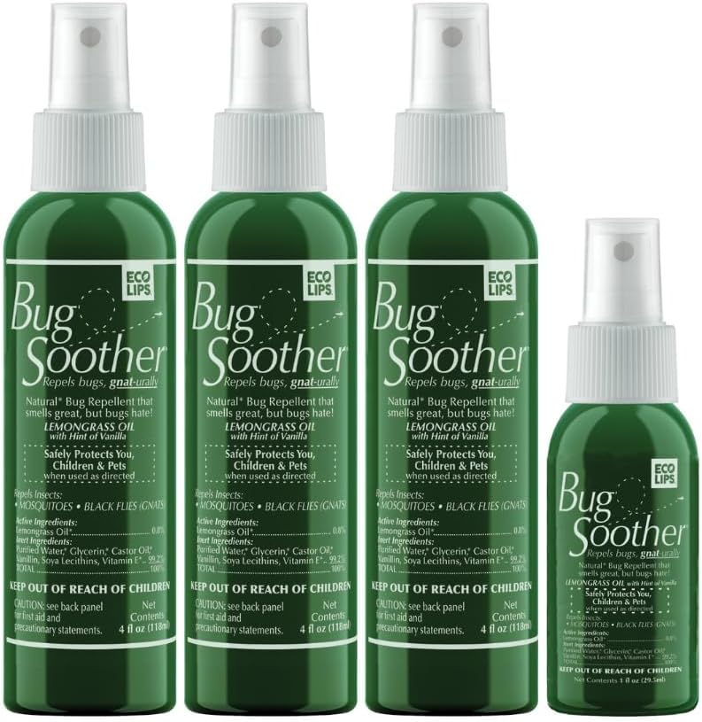 - Bug Soother Natural Insect Repellent Spray (3 ct 4 oz. + 1 oz. Bonus Bottle) – DEET-Free Mosquito & Bug Spray – Family-Safe, Plant-Based Protection | for Mosquitoes, Gnats & No-See-Ums – Made in USA