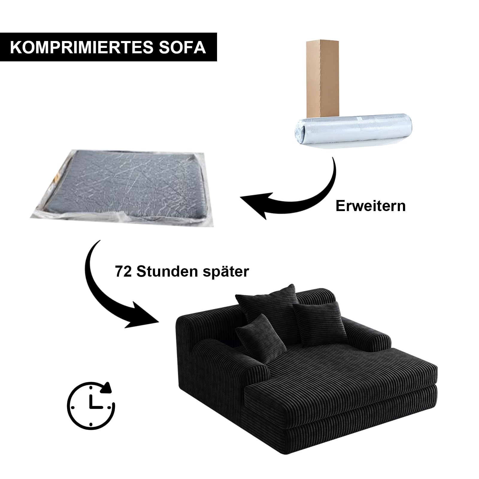 Sofá Moderno de Pana con función de sofá Cama y Chaise Longue, sofá en la Nube con 3 Cojines, cómodo Asiento para Sala de Estar en Negro, sin Montaje
