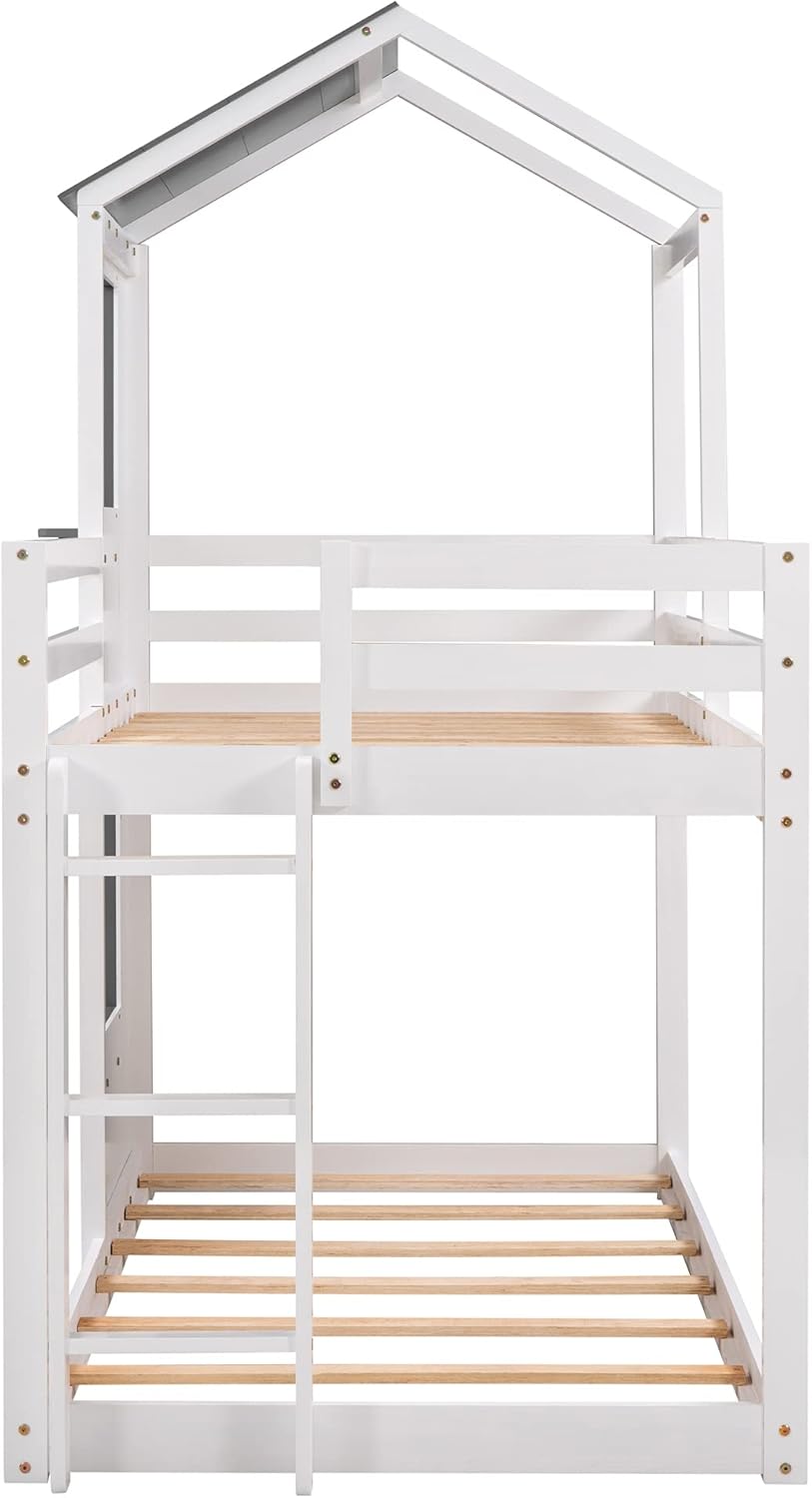Harper & Bright Designs Twin Over Twin House Bunk Bed, Kids House Bed Frame, Wood Bunk Bed with Roof, Window, Guardrail, Ladder for Kids, Teens, Girls, Boys (White)