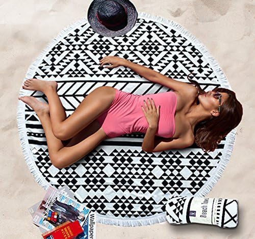 Clearance！Cotton Thick Round Beach Towel Ultra Thick Circle Towel with Tassels Heat Insulation Circle Towels for Beach Leisure, Swimming, Bathing, Picnic/Yoga Mat (White & Black)