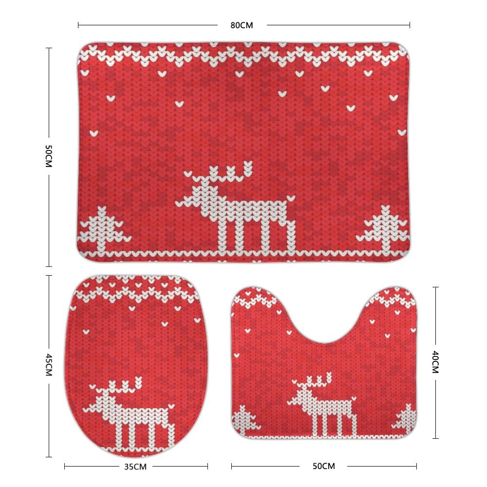 Nuansexi Bathroom Rug Sets Knitted Pattern Deer Christmas Trees Red Bath Toilet Rugs Set 3 Piece Anti Slip U-Shape Contour Toilet Mat Coral Velvet Absorbent Machine Washable Bathroom Toilet Decor