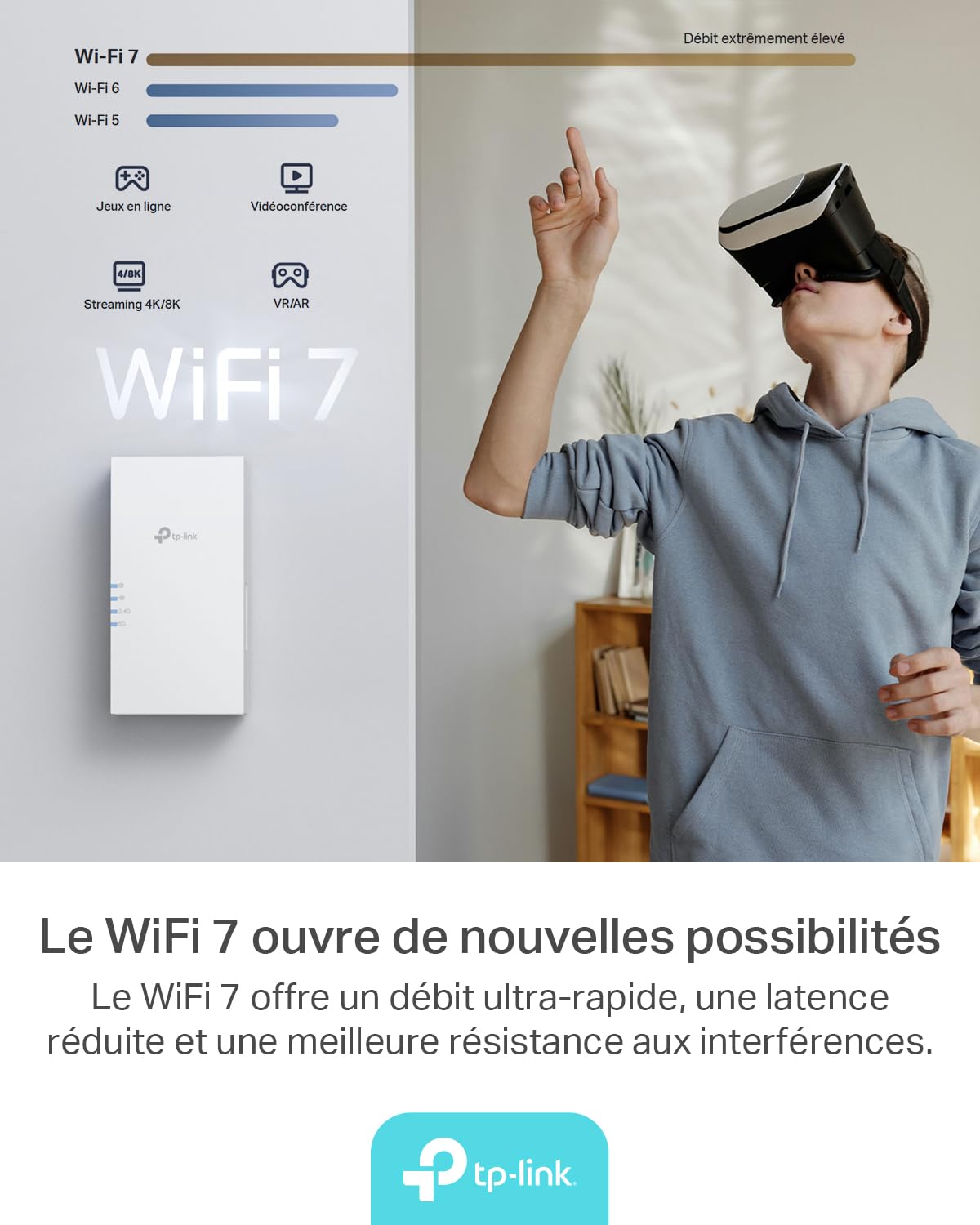 TP-Link Répéteur WiFi 7 RE220BE, Amplificateur WiFi Puissant 3.6Gbps, Port Ethernet Gigabit, Couvre jusqu'à 150 m², Compatible avec Toutes Les Box Internet, Profitez sans Changer Votre Box