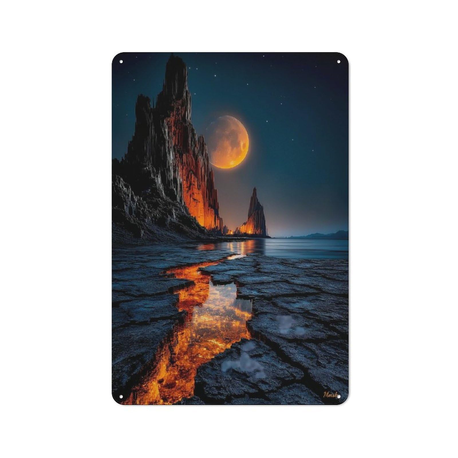 Junmoney Luminous Moonlit Cliffs With Fiery Lava Strea Decorative Metal Plaque With M – Vivid Horizon Landscape Design 30X20cm, Warehouse Style Loft Wall Plaque For Flat, Bar, Studio Or Gallery Wall