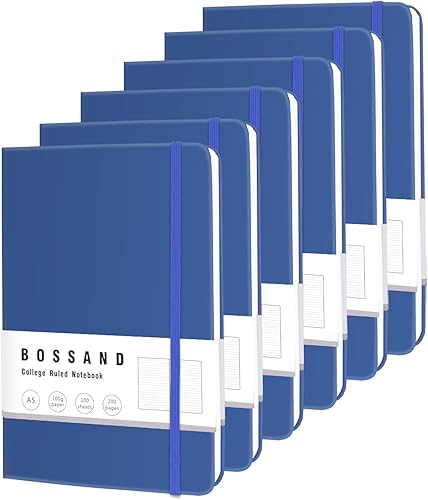 BOSSAND Cuadernos de rayas universitarias, paquete de 6 cuadernos rayados A5, 200 páginas de papel grueso de 3.53 ozm, tapa dura, 8.25 x 5.75