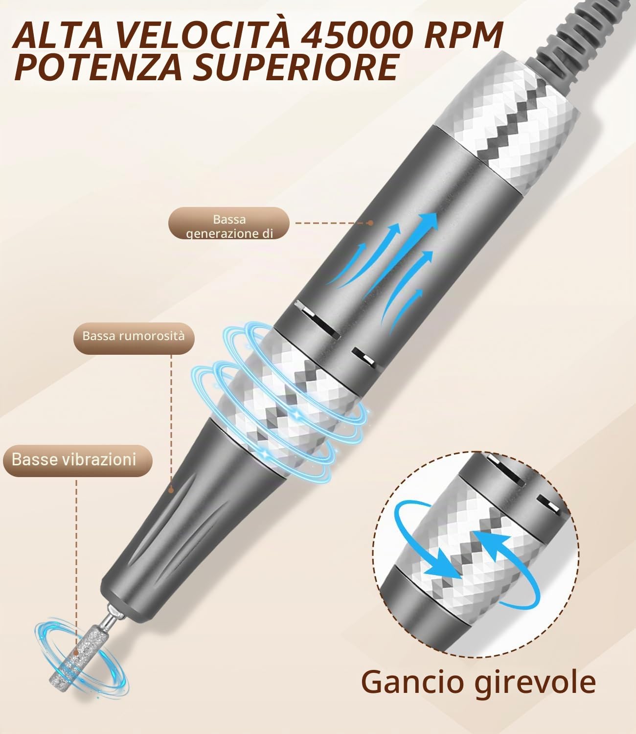 Zawaer Fresa per Unghie 45,000RPM, Professionale Lima Elettrica per Unghie, Touchscreen, con Punta in Ceramica Kit Unghie, Salone Manicure Set e Pedicure Elettrico per Semipermanente Gel Oro