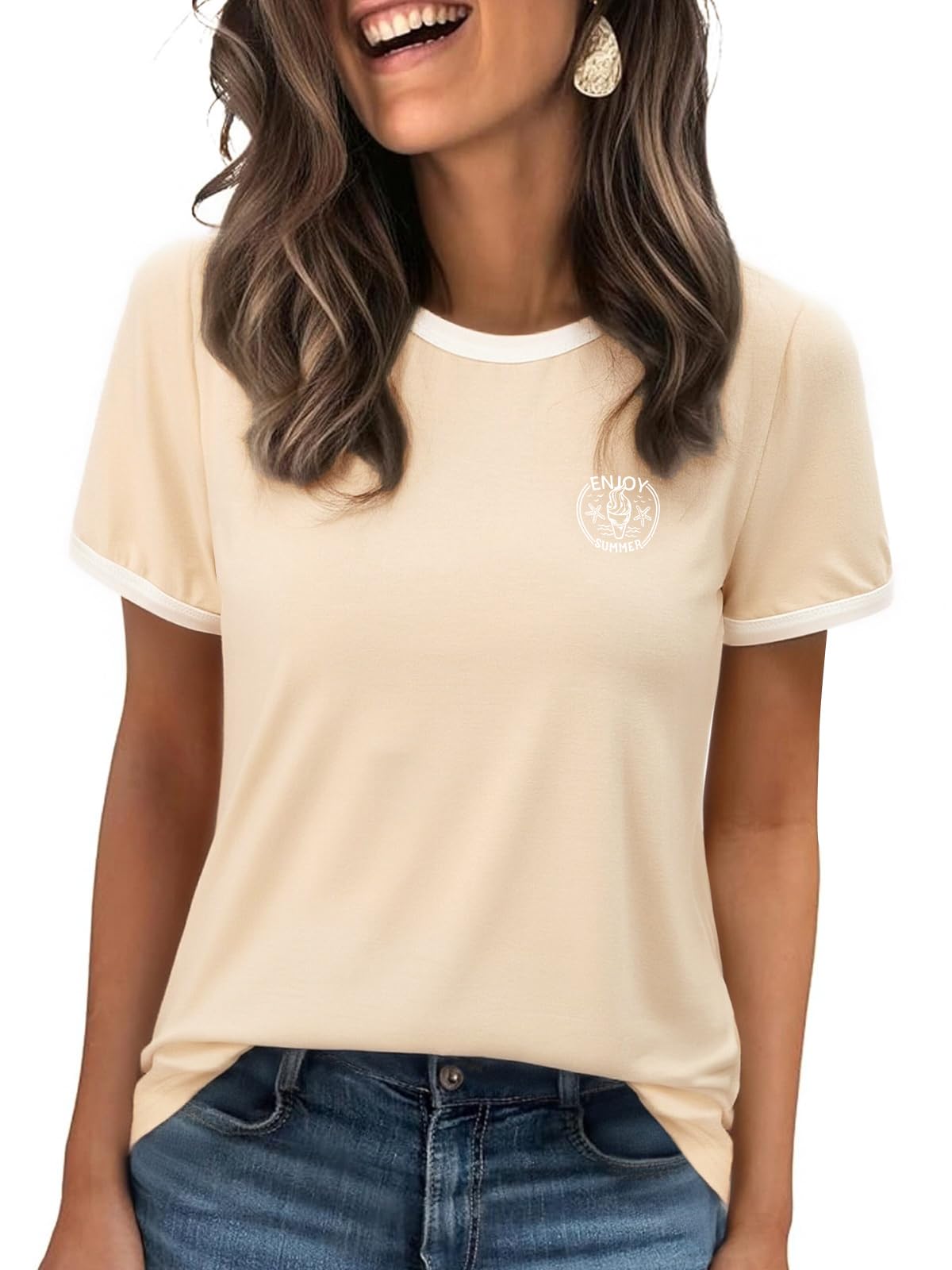 Wayleb T Shirt Damen Rundhals Kurzarm mit Print Sommer T-Shirt Casual Oberteile Elegant Tee Tops S-XXL