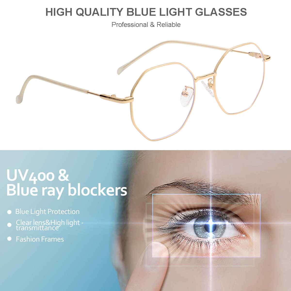 Gleyemor Blaulichtbrille für Damen und Herren, Vintage, achteckig, Metallrahmen, Computerbrille (Gold), Gold 2, lenswidth