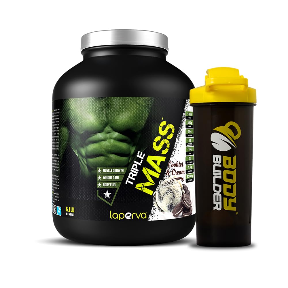 Laperva Triple Mass Gainer Protein Powder, High Calorie Weight Gainer with Glutamine & Added Essential Fatty Acids (6 Lbs, Cookies & Cream) Cookies & Cream 6 Lbs
