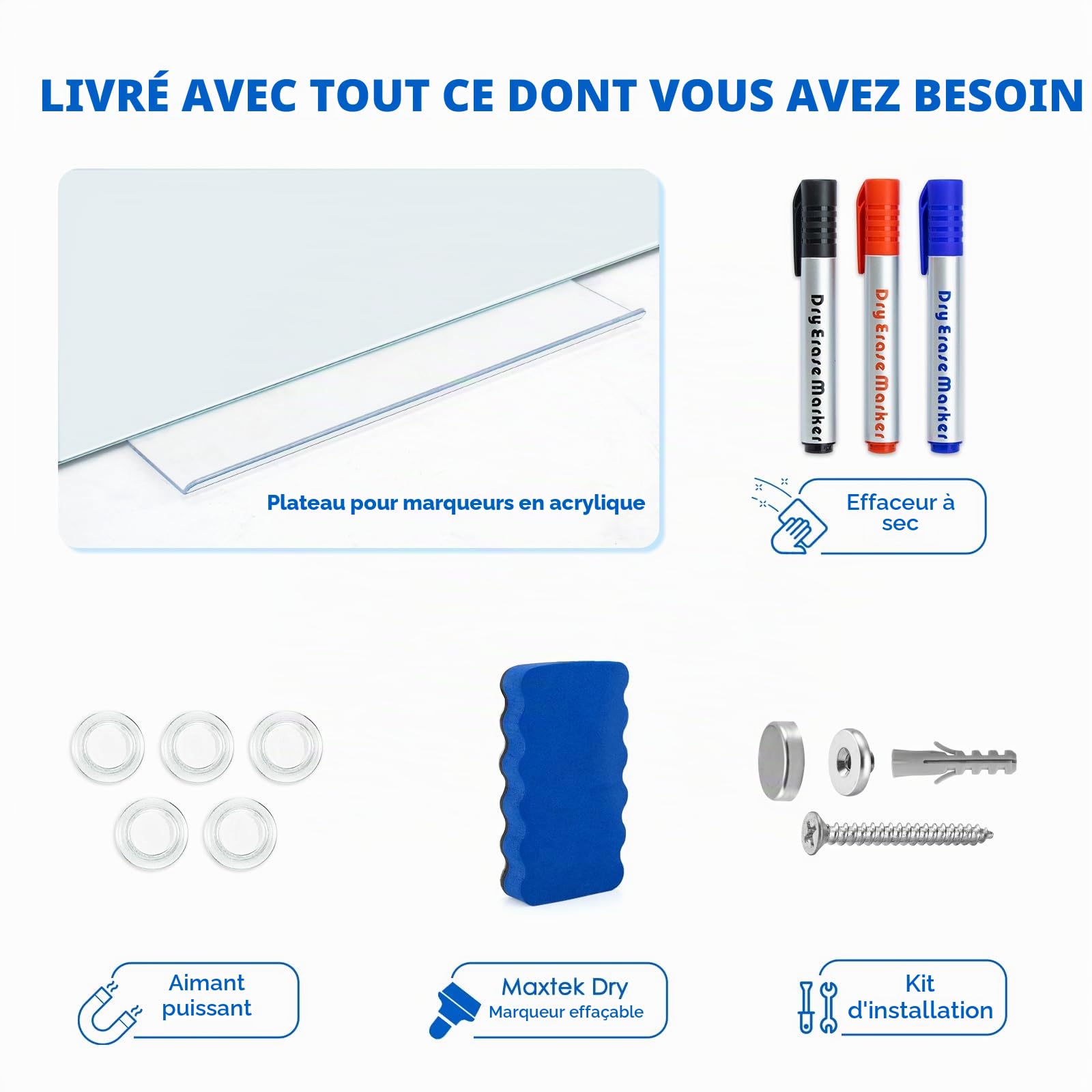 maxtek Tableau Magnétique Verre Trempé, 90 x 60 cm Tableau Blanc Effaçable Mural, Morden Whiteboard sans Cadre, Inklusive 5 Néodyme Aimants, 3 Markers, 1 Gomme, pour Club d'affaires, Bureau, Domicile