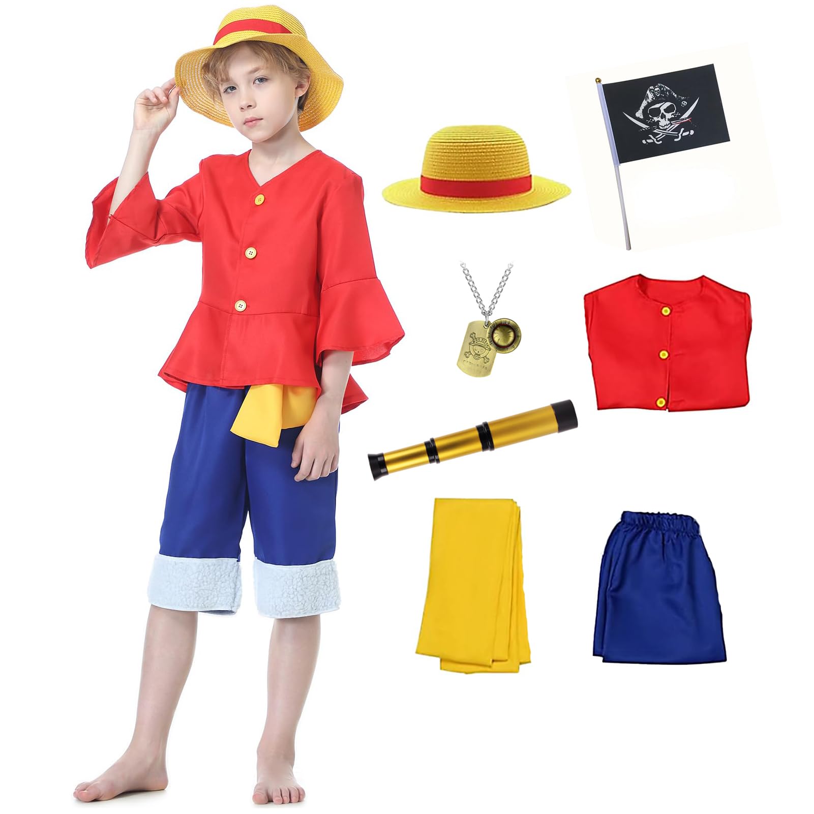 Ladhow Monkey Luffy Disfraz de One Anime Niño 4 Piezas Coplay Vestido de niño con sombrero de paja