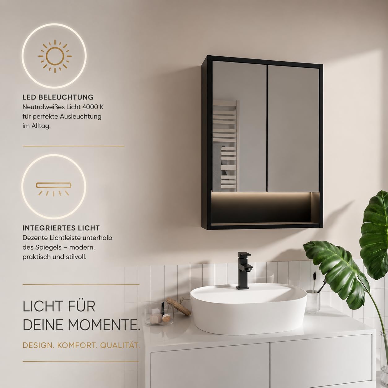 Armadietto Bagno Con Specchio LED 50x70 cm Nero, Mobile Specchio Bagno Sospeso Con Luce LED 4000K, Presa Elettrica e Interruttore, Pensile Bagno Con Ripiani In Vetro, Specchiera Bagno Moderna