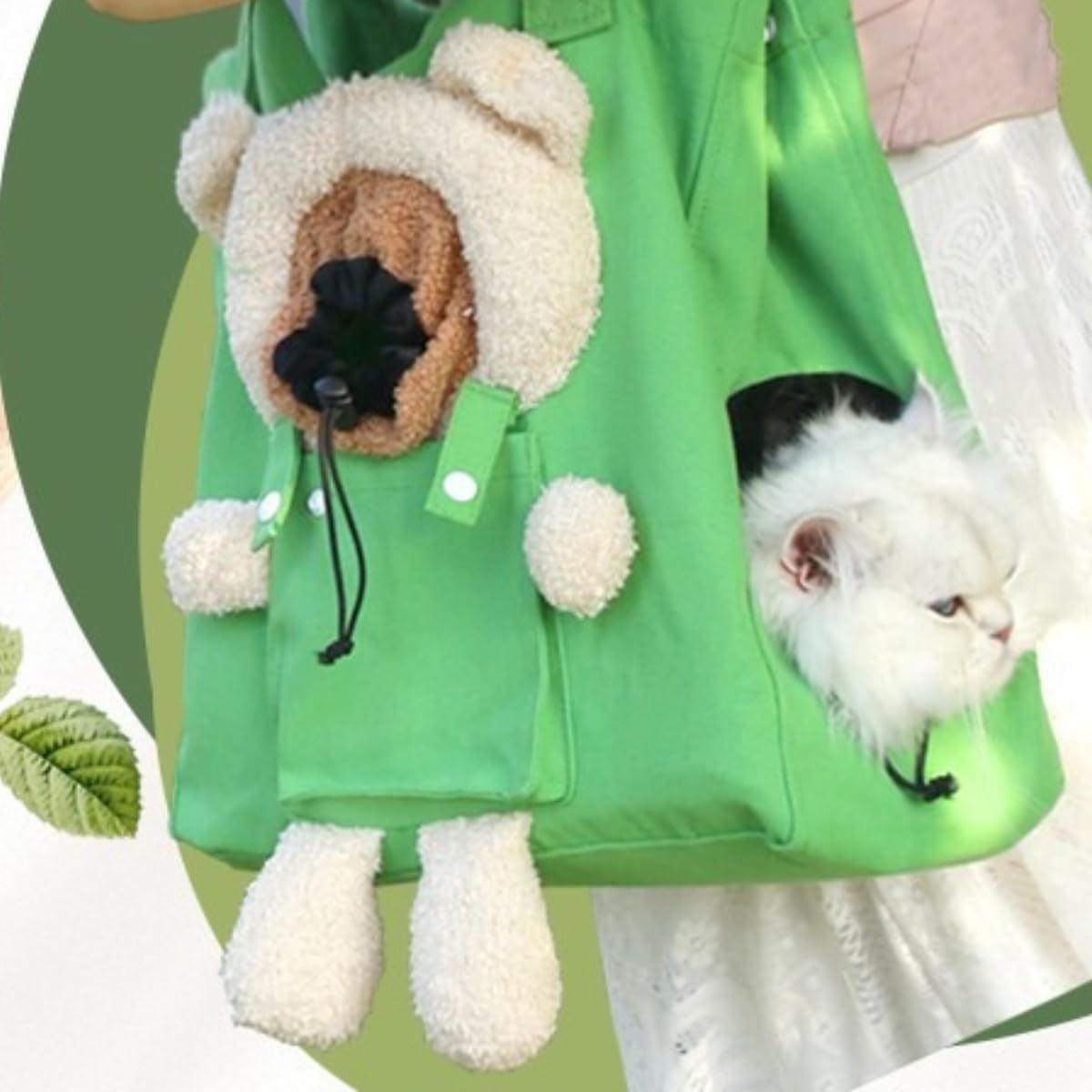 Portable Pet Travel Bag, Crossbody Canvas Tote with Cute Bear Design and Dual Peek-a-Boo Holes, Single-Shoulder Carry, Suitable for Small Dogs (Green Little Bear,up to 16.5 pounds)
