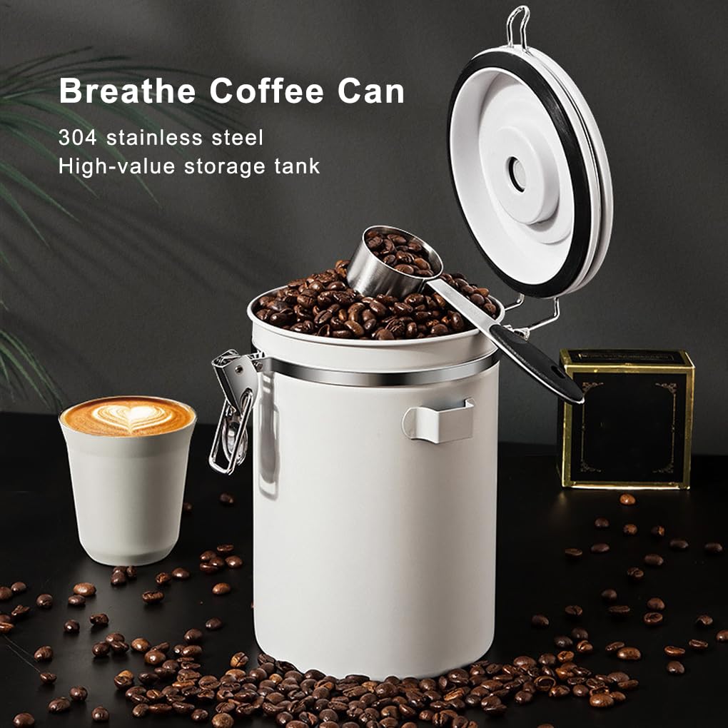 Vakuum-Kaffeebohnen, 1,2 l, luftdichter Behälter mit Datums-Tracker, Tee, großes Fassungsvermögen, für Büro, Lebensmittel, weiß/Stahllöffel, 1200 ml, 2 Stück