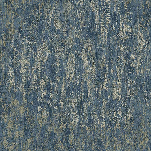 Holden Distressed Navy Blue & Metallic Gold Industrial Wallpaper 12842