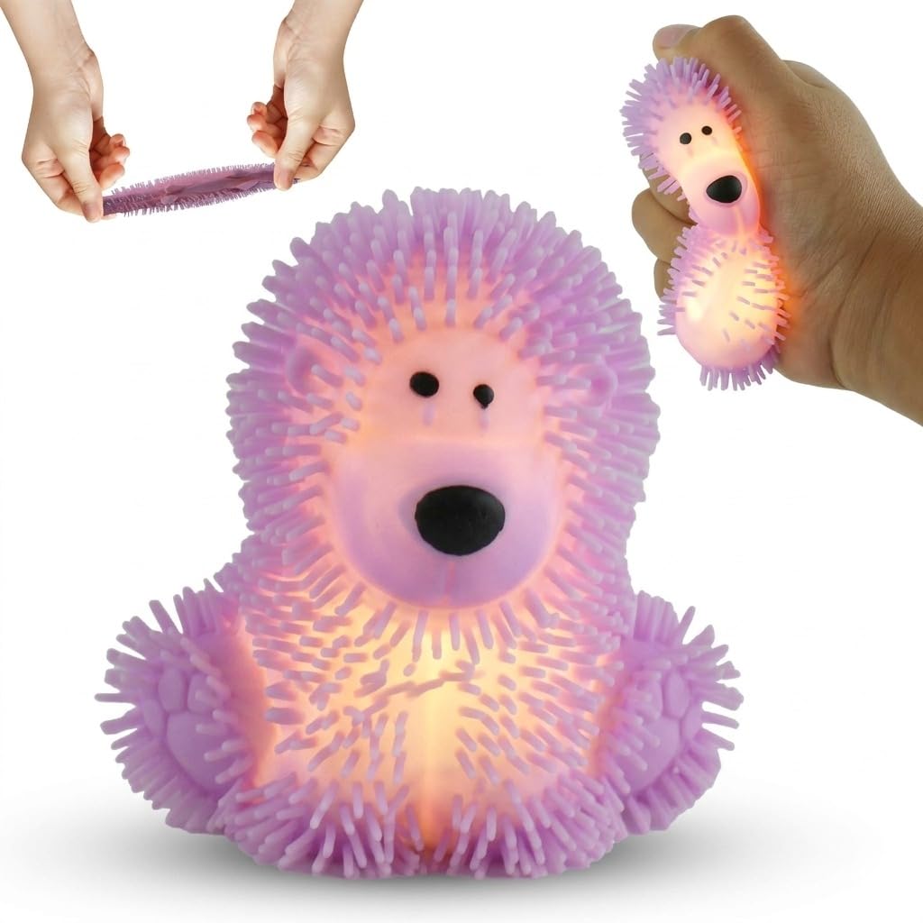 Light Up Pink Poochie the Poodle Toy, 7.5cm Soft Spikey Stress Ball for Kids, Stretchy Sensory Puffer Toy, Jiggly Squeeze Ball, Party Bag Filler & Birthday Favour
