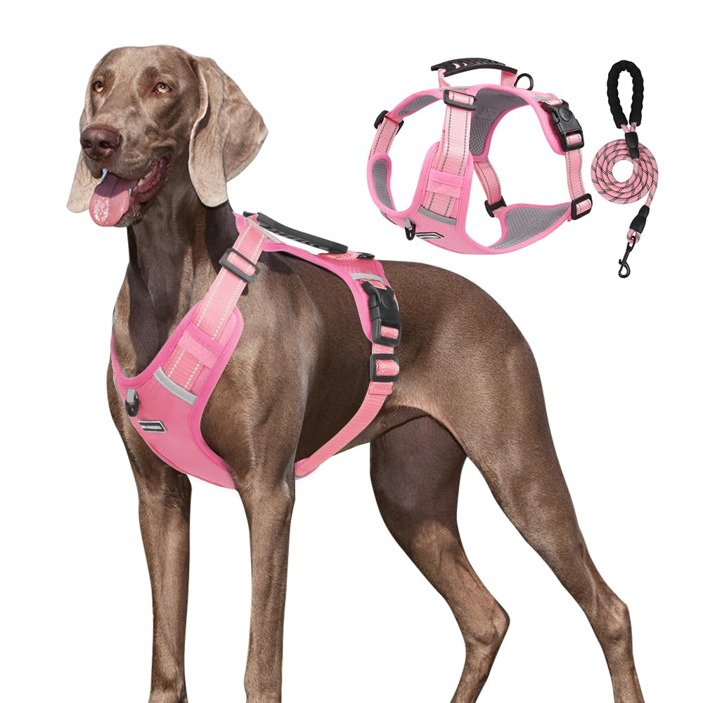 Dog Harness No Pull Adjustable Reflective,for Medium and Large Small Dog with Leash 59.06in (Pink, XL)