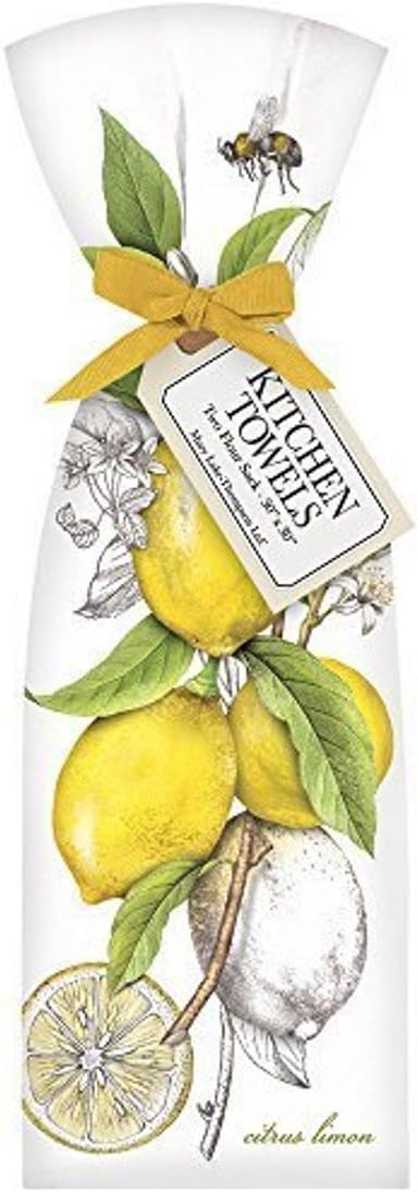 2 Botanical Lemons Ribbon Tied Flour Sack Towels