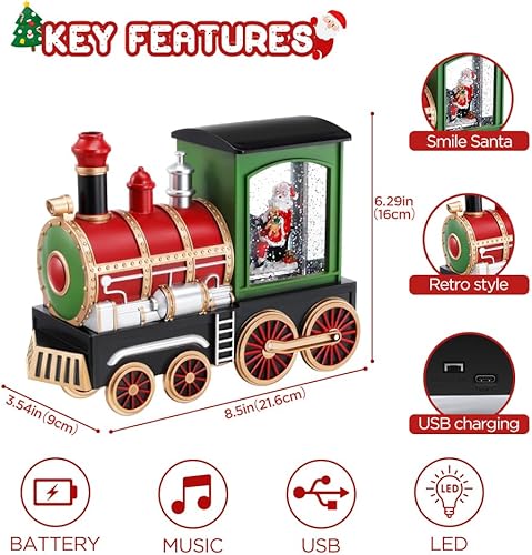 Miniatura 2 de Globo de nieve de tren musical de Navidad con escena de Papá Noel, decoración navideña LED retro con 8 canciones navideñas, lentejuelas mágicas y
