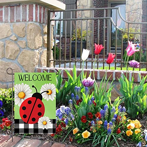 Ladybug Spring Summer Garden Flag 12X18 Inch Double Sided Ladybug Daisy Welcome Yard Flag Buffalo Plaid Check Burlap Banner Seasonal Farmhouse Decor Garden Lawn Yard Outdoor Decorations #TOP7