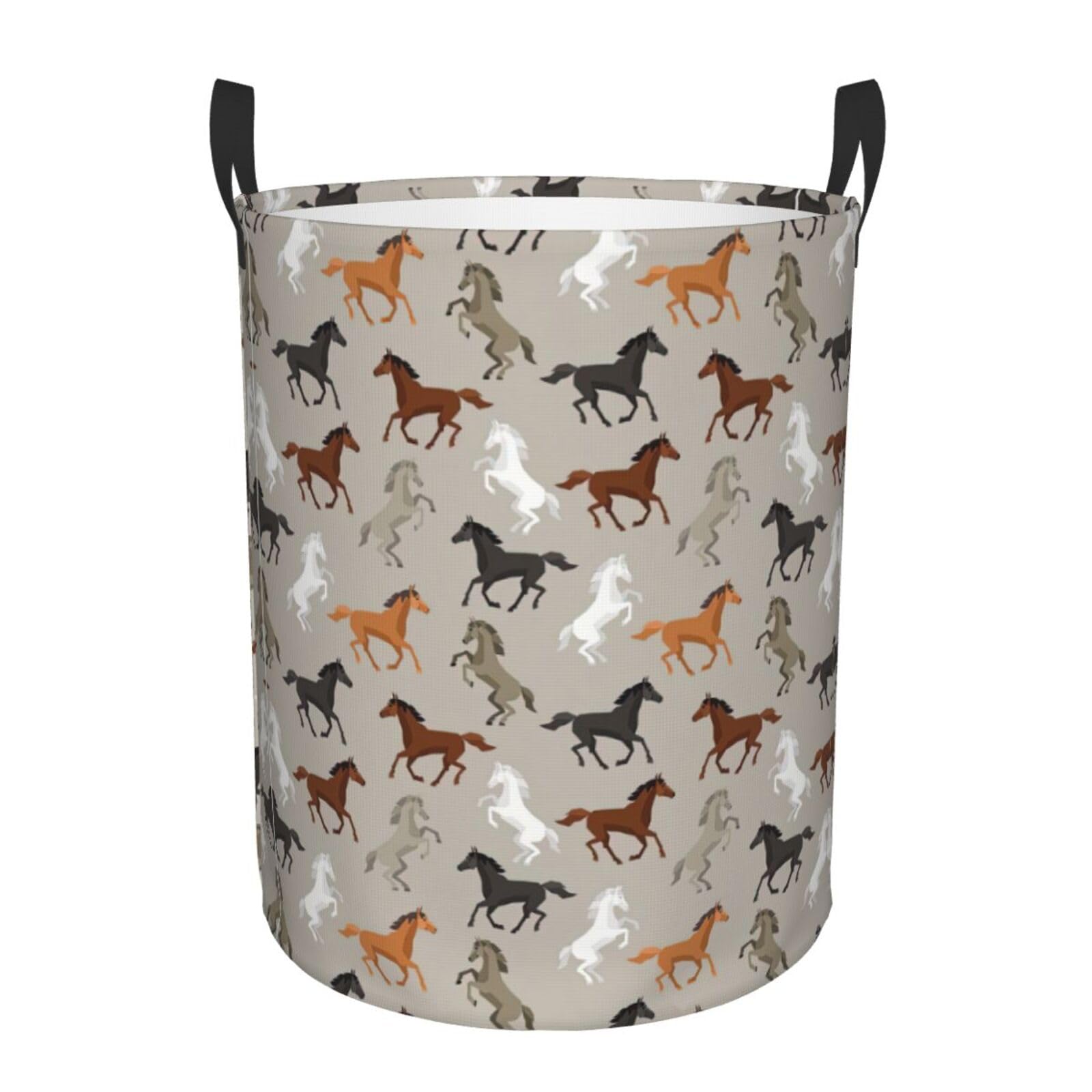 M Collapsible Round Cute Horse Print Laundry Hamper