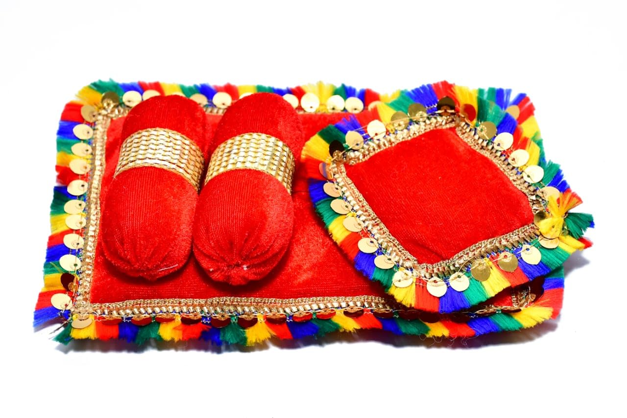 SAMRUDDHI Home Decor Laddu Bal Gopal Thakurji Bedding Set Pack of 4 (Handcraft Aasan, Head & 2 Side Pillow Set) Laddu Gopal/Krishna ji Bister | Ladoo Gopal Aasan - Cotton/Velvet Material (Design 40 1