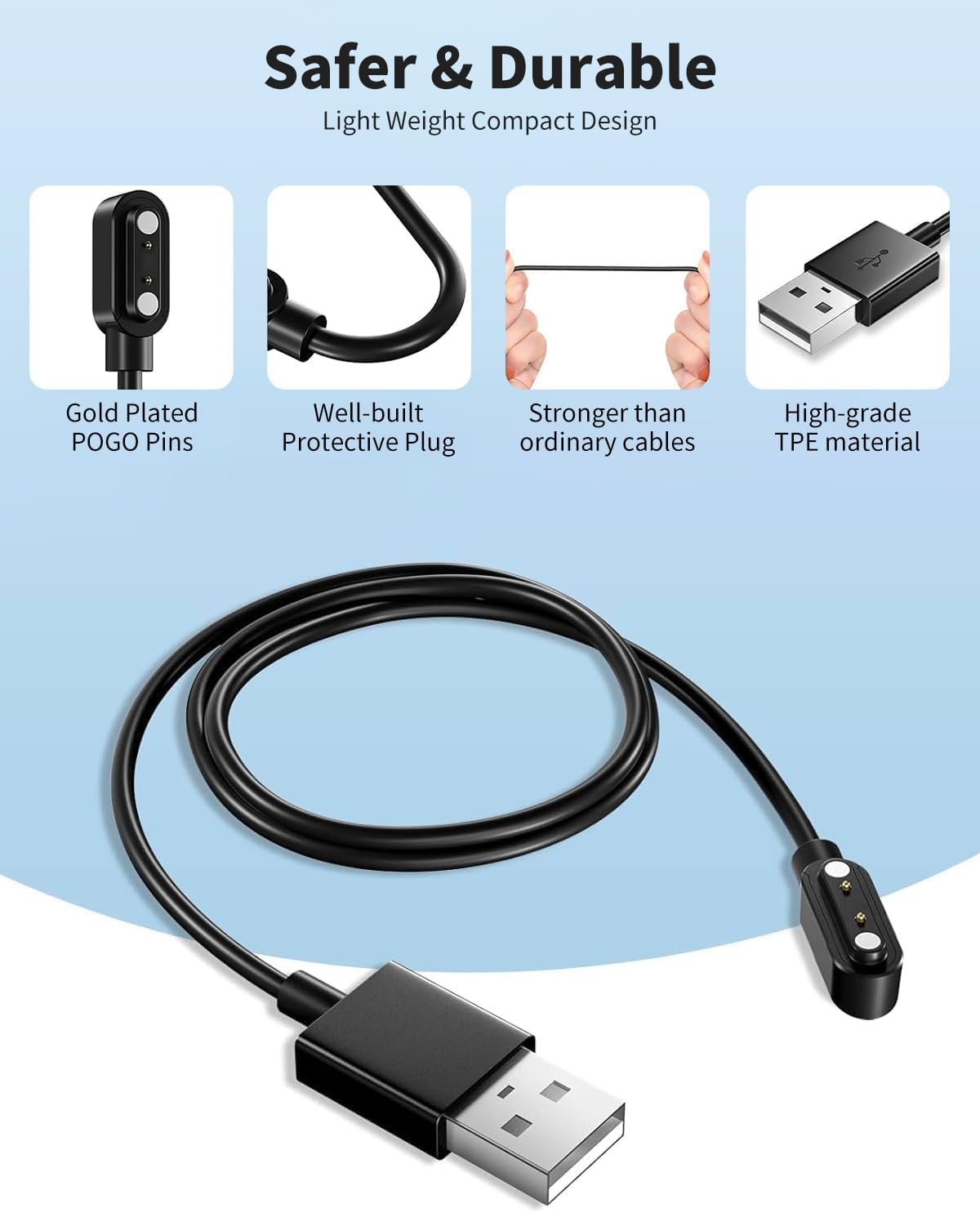 Features of a durable charging cable: gold plated POGO pins, well-built protective plug, strong TPE material