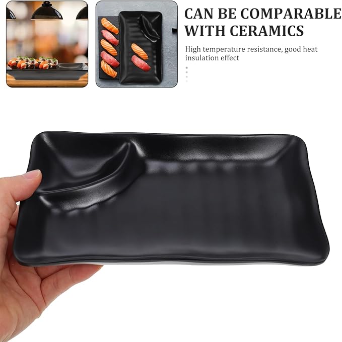 PRETYZOOM Set de 3 Platos Rectangulares de Melamina Negra con Sección para Salsa miniatura 9