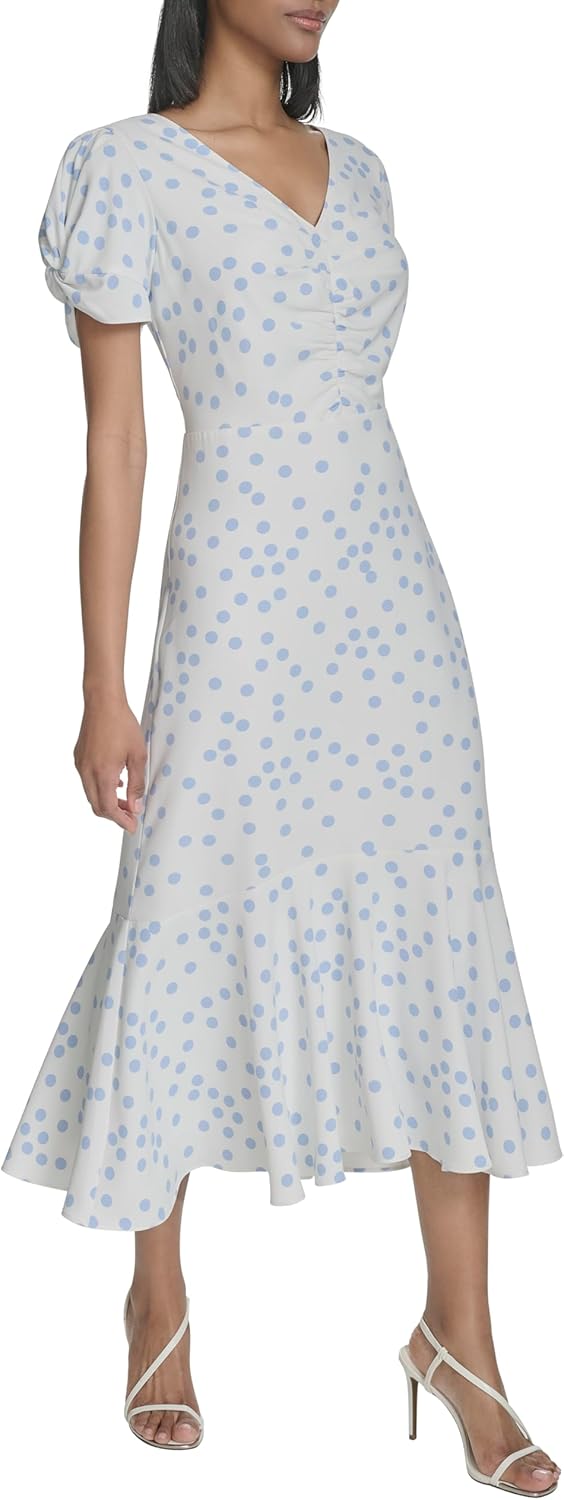Halston Women's Short Sleeve Center Ruched Printed Dress