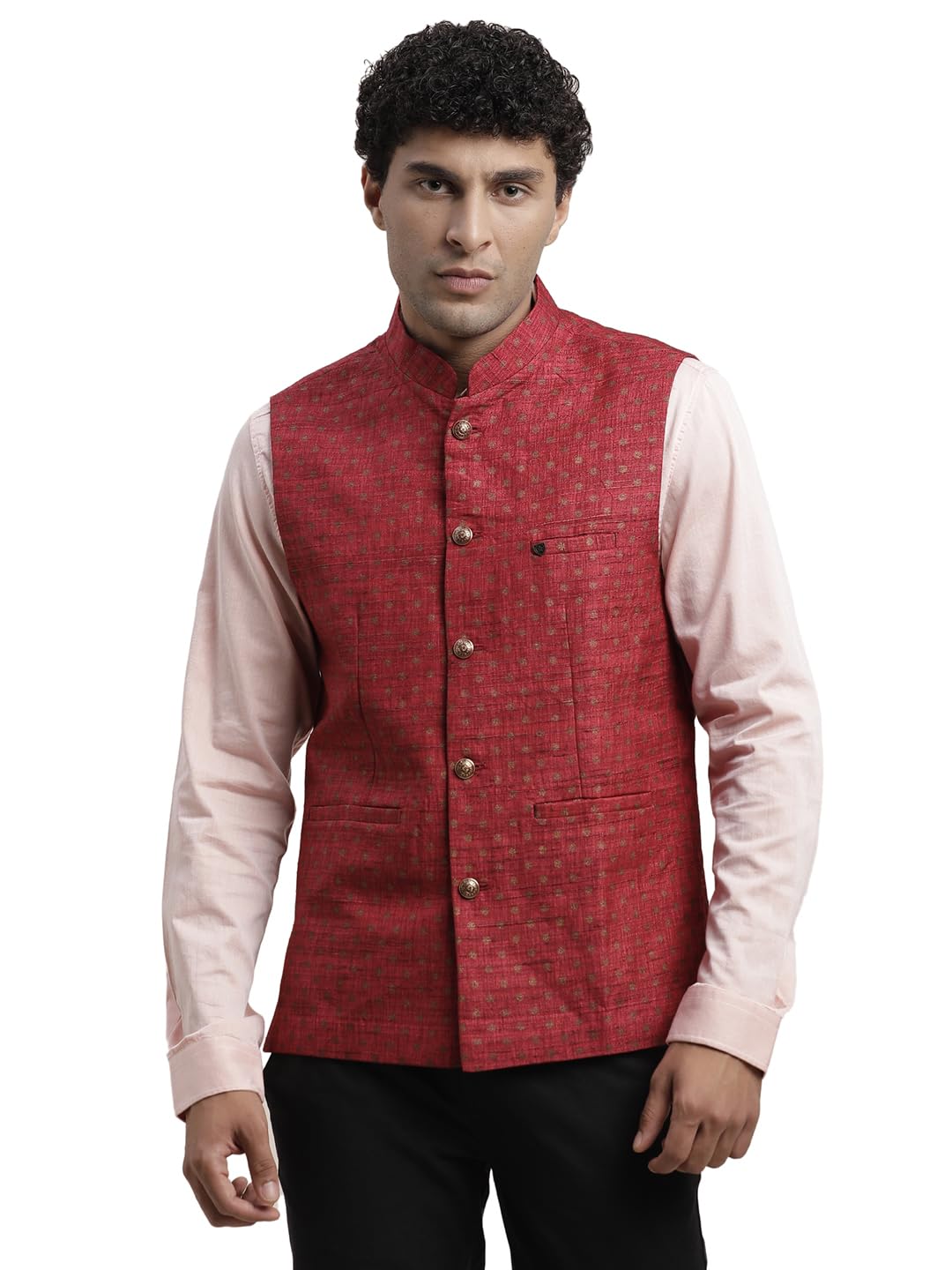 Men Terylene Rayon Red Printed Formal Nehru Jacket-image-37
