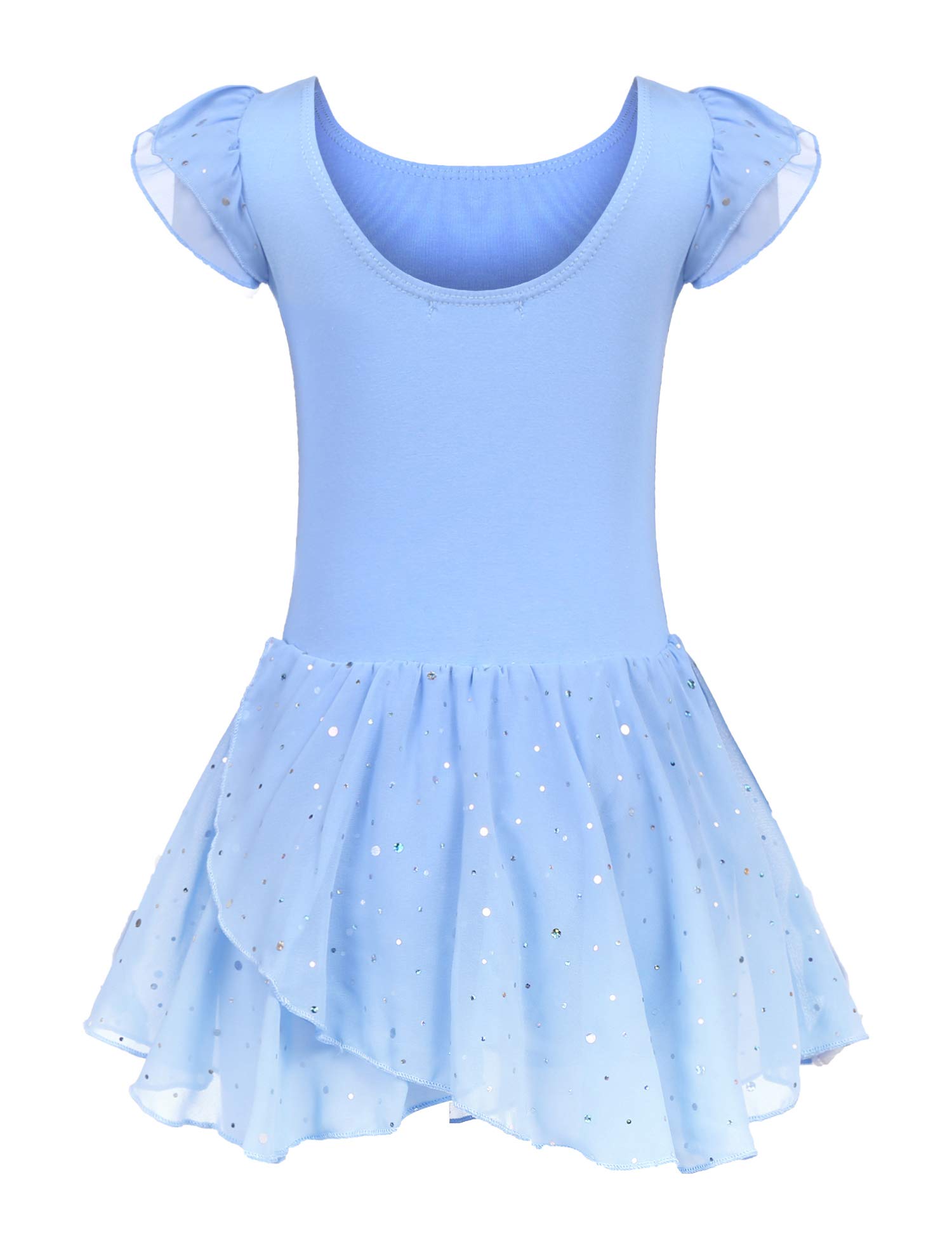 Trudge Children's Ballet Dress, Girls’ Short-Sleeve Cotton Ballet Leotard Body with Tutu Skirt, Blue, 5–6 Years