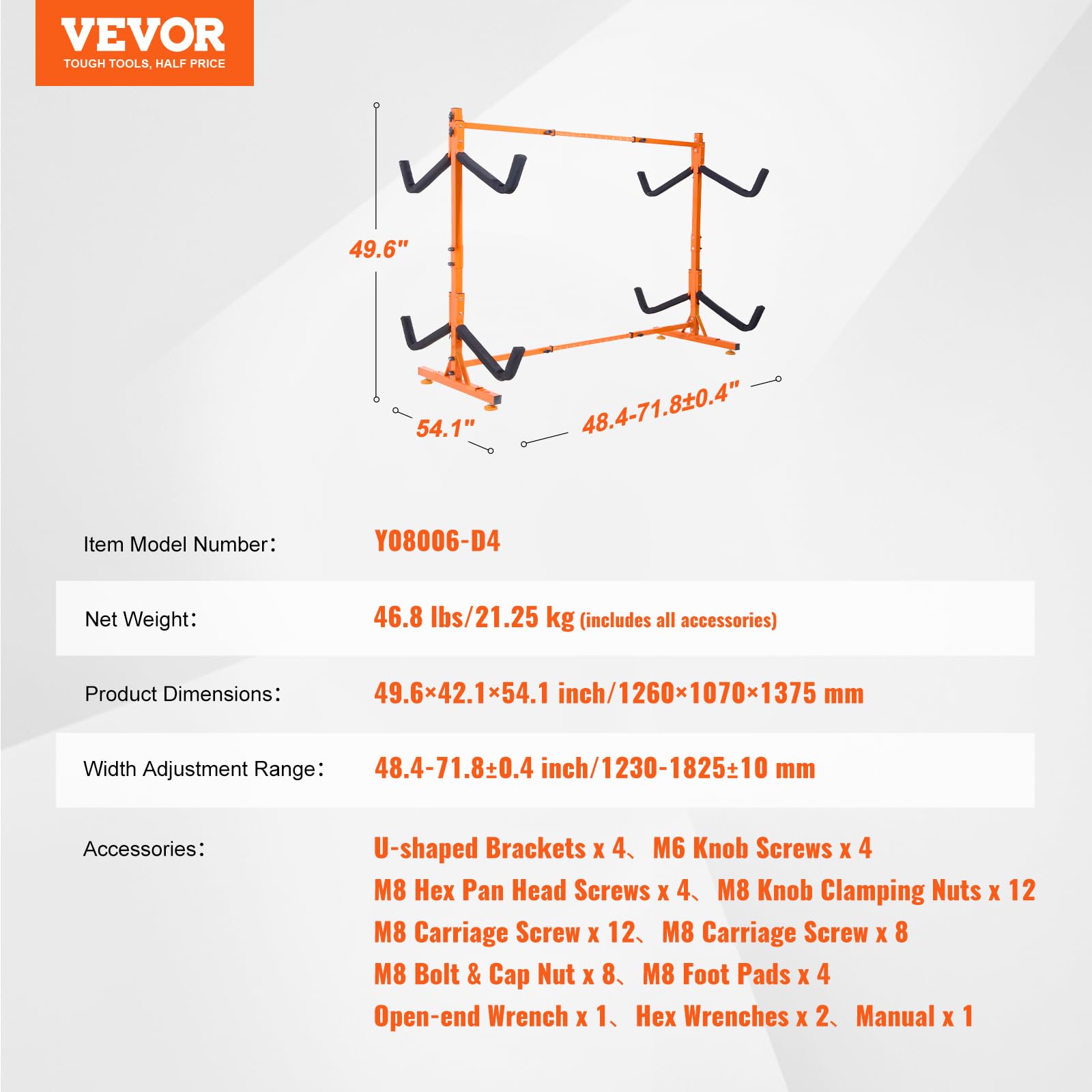 VEVOR Soporte para Kayak Independiente, 4 Piezas de Capacidad, Porta Kayak, Remo para Canoa, Soporte para Tabla de Remo de Acero Resistente con Brazos Acolchados, Ancho Ajustable, Carga 100 kg