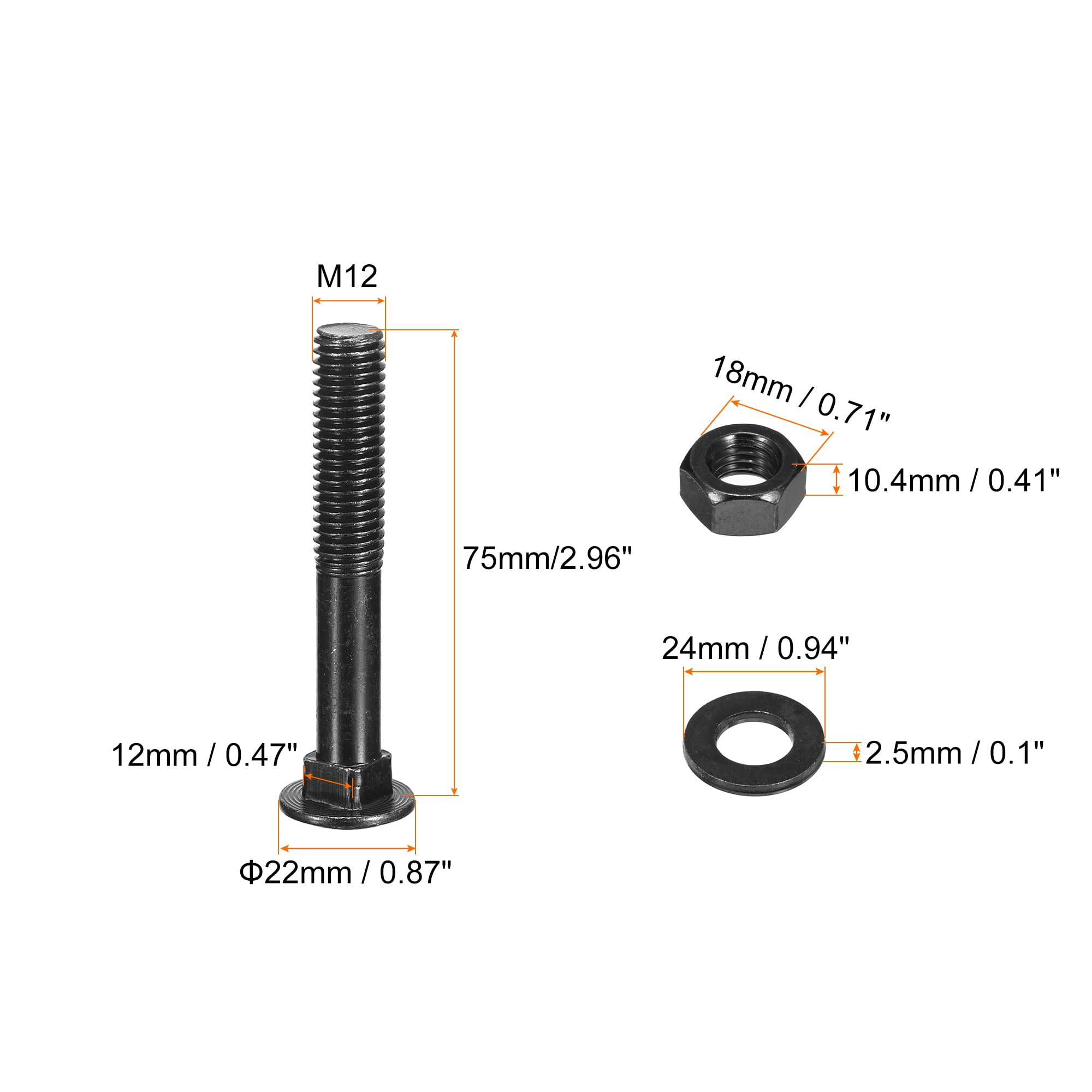 sourcing map Bulloni a testa quadrata M12 x 75 mm con dadi e rondelle, 24 viti in acciaio inossidabile 304 a testa tonda a collo quadrato, nero