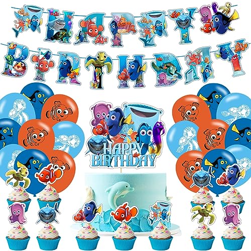 Finding Nemo Birthday Decorations Include Happy Birthday Banner Cake Topper and Cupcake Toppers Balloons for Kids Party Supplies